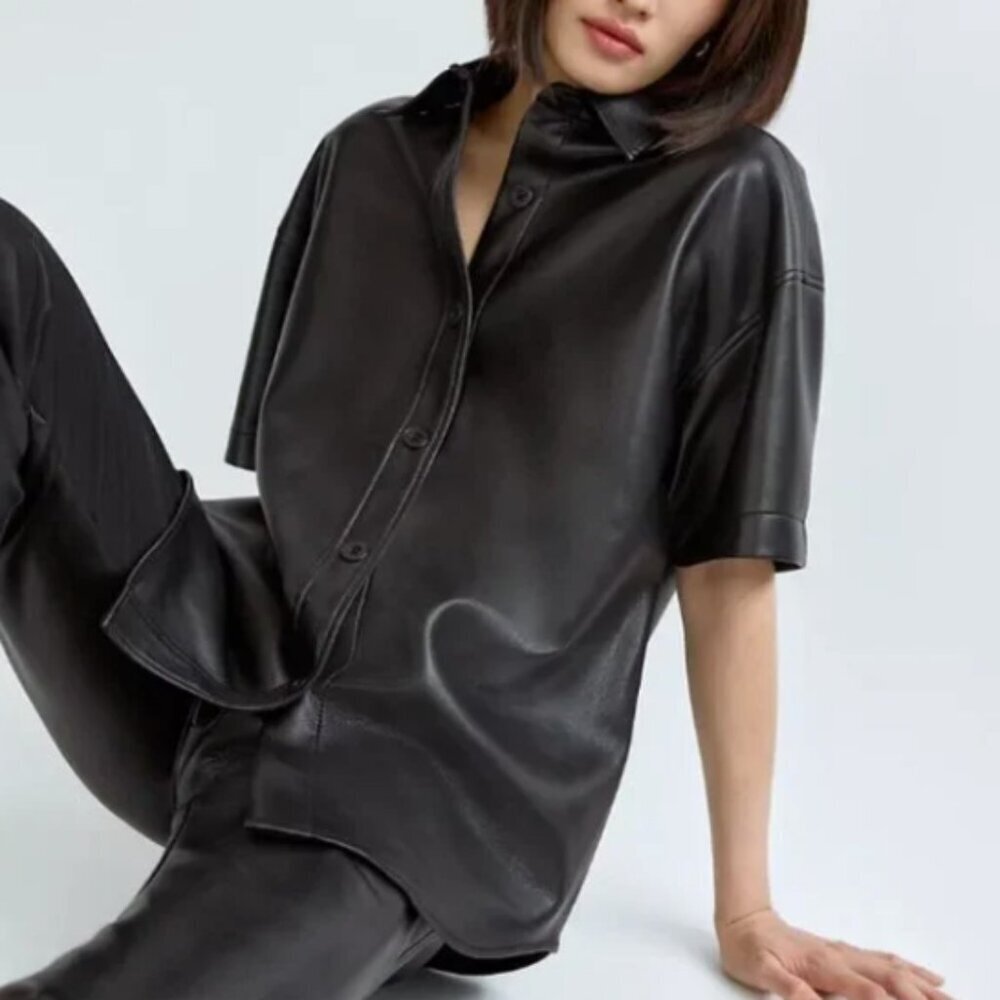 Babaton Black Short-Sleeve Leather-Look Button-Down Shirt